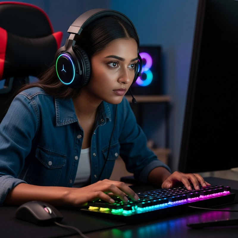 Professional South Asian Female Gamer on High-Tech Gaming Chair Professional South Asian Female Gamer on High-Tech Gaming Chair