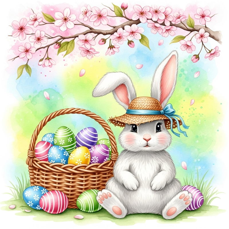 Charming Easter Bunny with Colorful Eggs | Cherry Blossom Tree