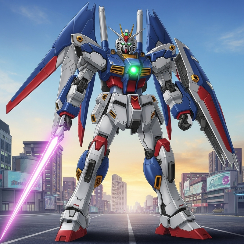 Futuristic Gundam Robot in Vibrant Cityscape | White, Blue & Red Futuristic Gundam Robot in Vibrant Cityscape | White, Blue & Red
