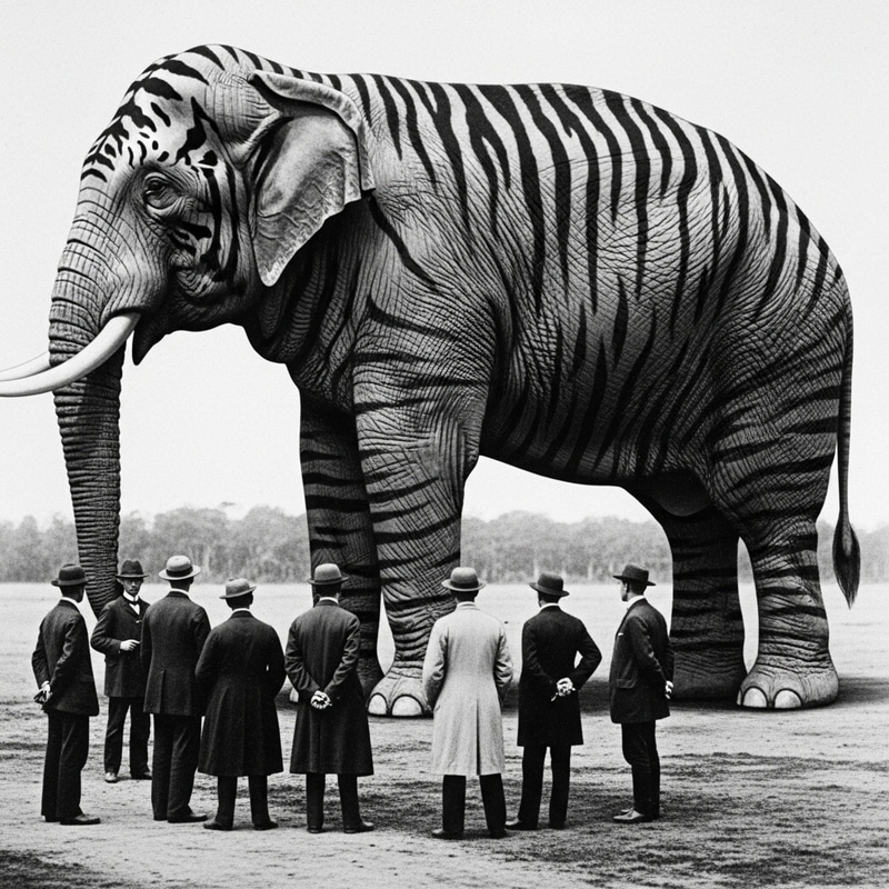 Monochrome Image of Colossal Tiger-Striped Elephant and Scientists