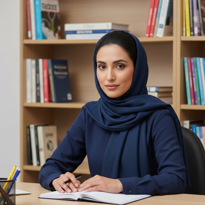 Elegant Hijabi Teacher at Desk with Library Background Elegant Hijabi Teacher at Desk with Library Background