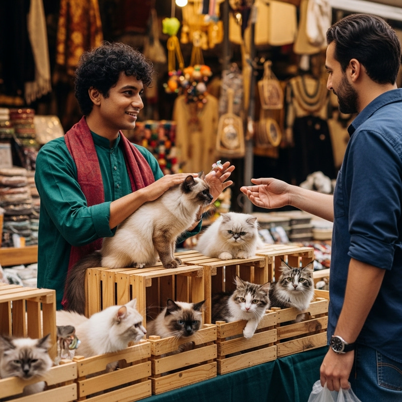 Curious Cats in a Bustling Market Scene