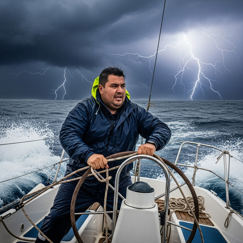 Chubby Man Sailing Through Stormy Weather on Sailboat