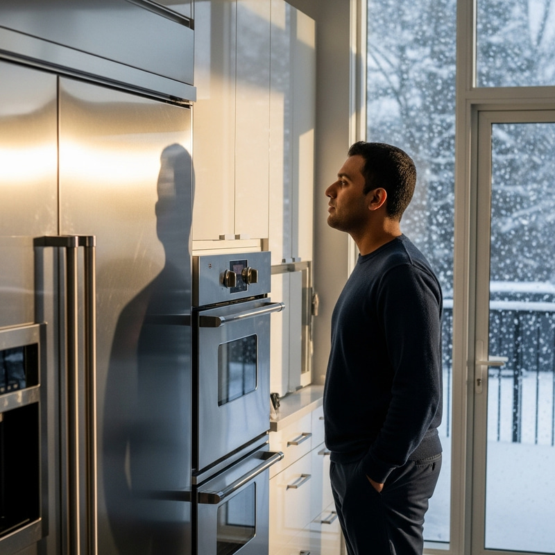Man Talking to His Shadow in Snowy Kitchen | Enigmatic Scene Man Talking to His Shadow in Snowy Kitchen | Enigmatic Scene