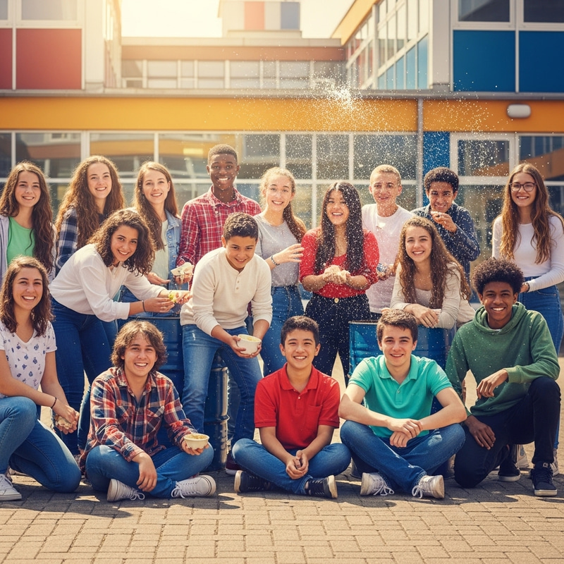 15-Year-Old Students Enjoy Sunny Day in School Courtyard