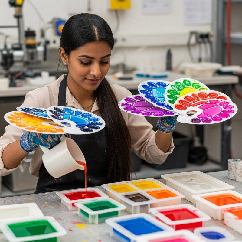 Pouring Polyurethane Resin: Colorful Workshop with Smiling Girl and Molds Pouring Polyurethane Resin: Colorful Workshop with Smiling Girl and Molds