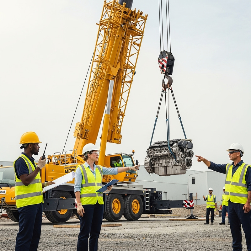 Realistic Illustration of Critical Lifting Operation with 200-tonne Mobile Crane and Diverse Characters
