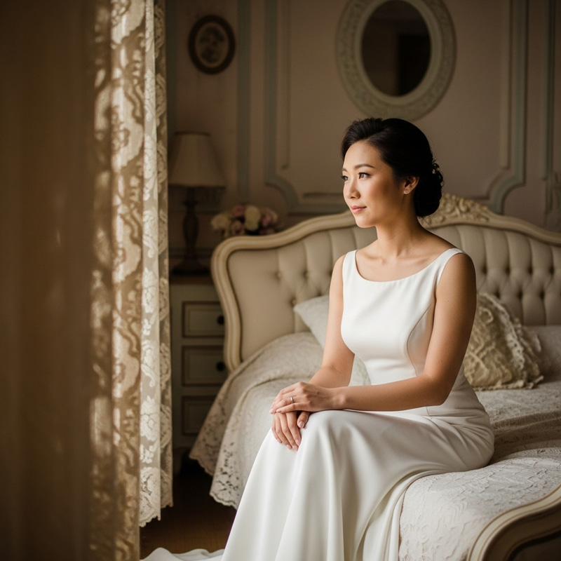 Beautiful Bride Sitting on Bed - Elegant Pre-Ceremony Scene Beautiful Bride Sitting on Bed - Elegant Pre-Ceremony Scene