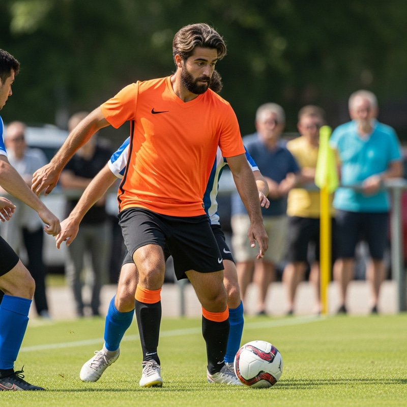 Intense Football Match: Skillful Dodging in Action Intense Football Match: Skillful Dodging in Action