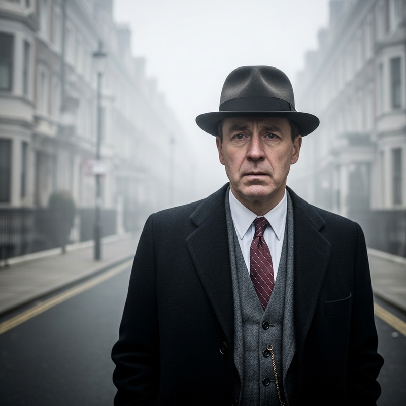 Anxious London Man in 1950s Fog