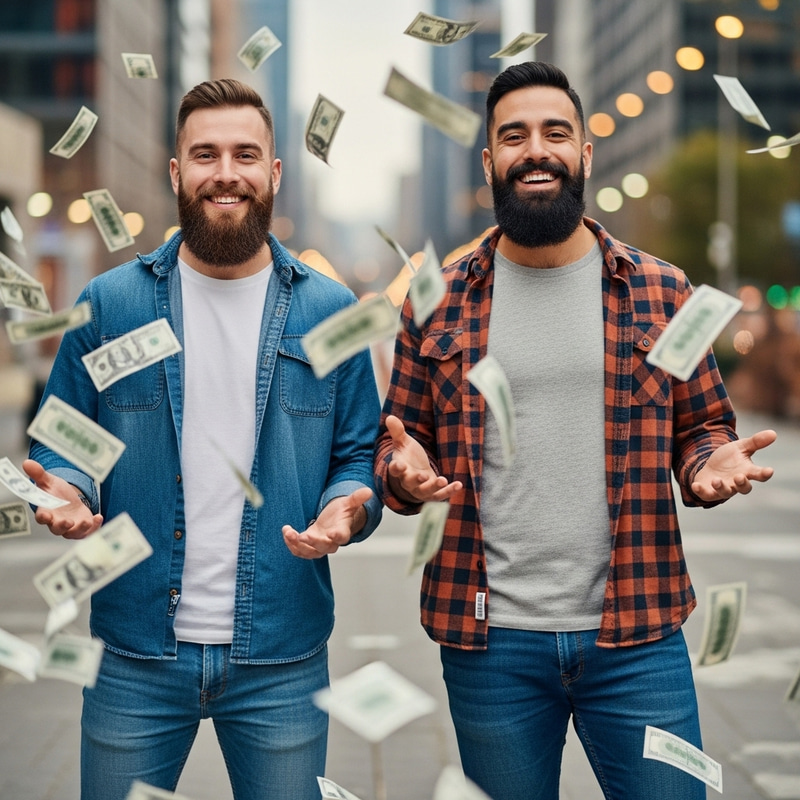 Diverse Bearded Men Celebrate in Money Rain | City Background
