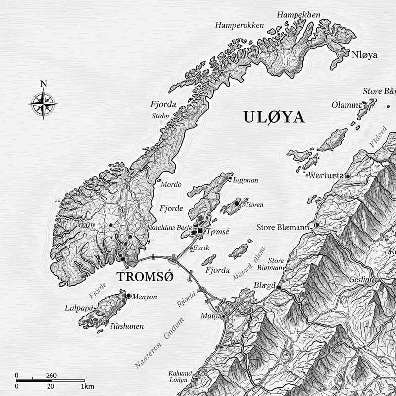 Black and White Illustration of Tromsø and Uløya on a Norway Map