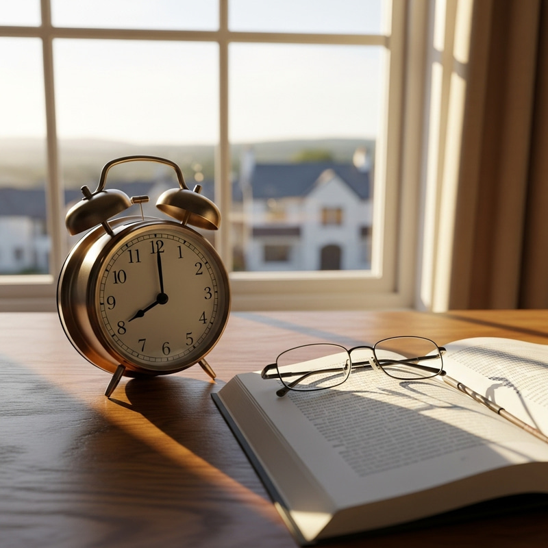 Morning Scene with Analog Alarm Clock on Oak Wood Table