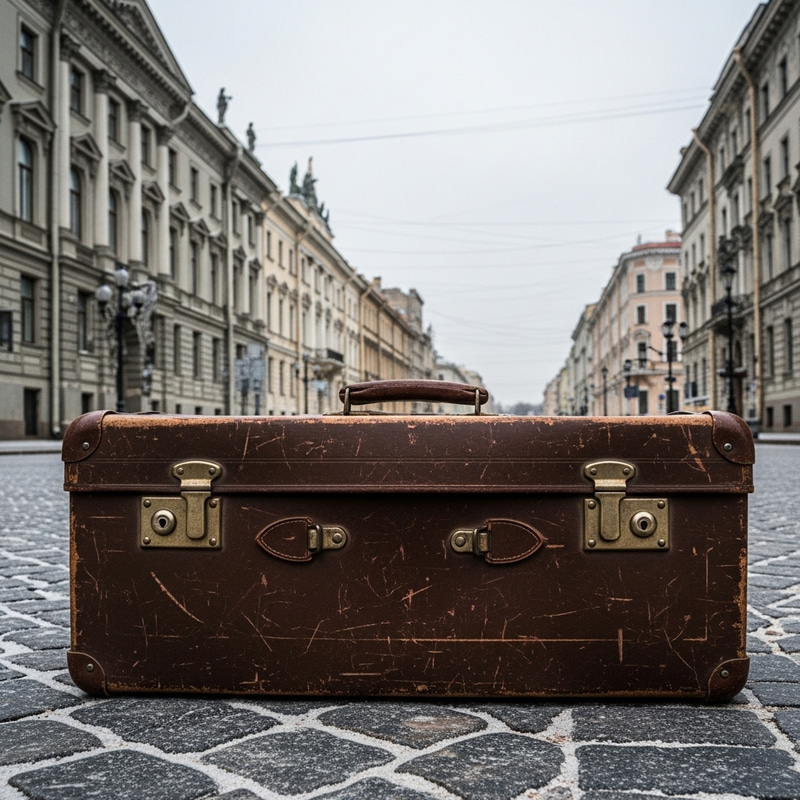 Vintage Leather Suitcase on Leningrad Cobblestone Streets Vintage Leather Suitcase on Leningrad Cobblestone Streets