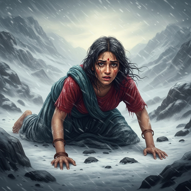 Baroque Style Woman Crawling in Snowstorm Mountains Baroque Style Woman Crawling in Snowstorm Mountains