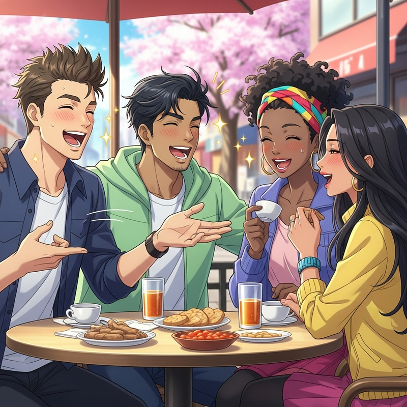 Anime Style Group of Friends Laughing and Bonding