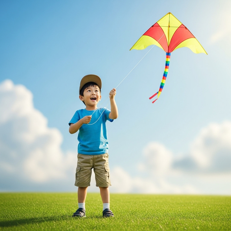 Happy Korean Boy Flying Kite Outdoors