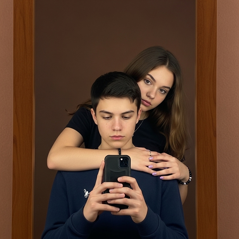 Serious Reflection: A Boy and Girl in the Mirror Serious Reflection: A Boy and Girl in the Mirror