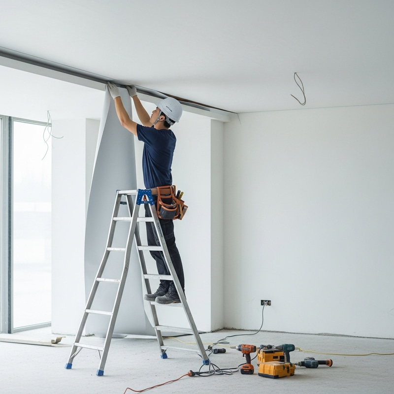 Professional Worker Installing Stretch Ceiling | Construction Site Professional Worker Installing Stretch Ceiling | Construction Site