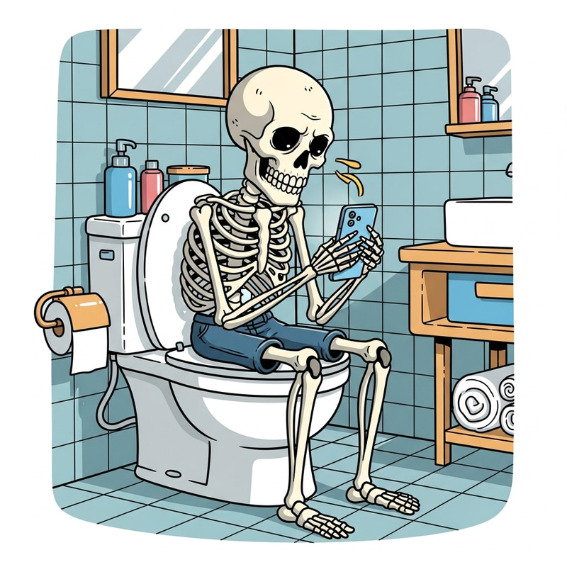 Humorous Skeleton on Modern Toilet with Smartphone Humorous Skeleton on Modern Toilet with Smartphone