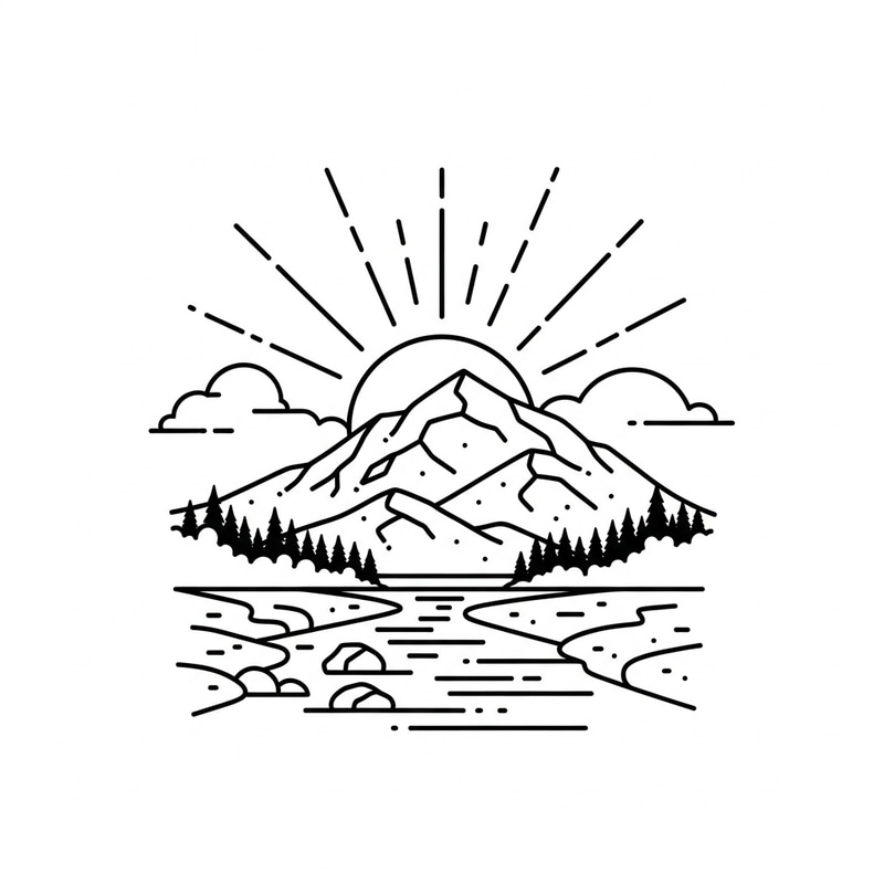 Minimalist Line Art: Serene River & Mountain Scene Minimalist Line Art: Serene River & Mountain Scene