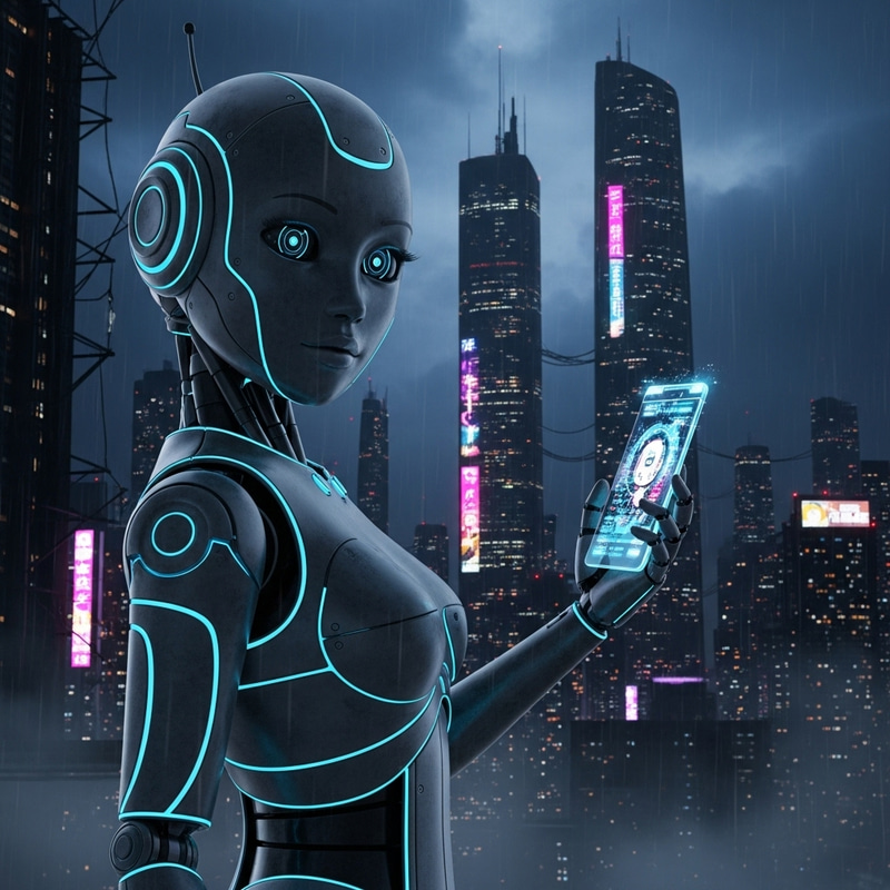 Cute Female Robot in Dark Gray Metal | Cyberpunk Phone Design Cute Female Robot in Dark Gray Metal | Cyberpunk Phone Design