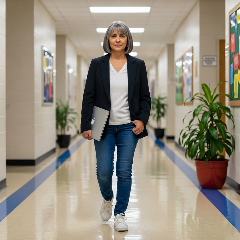 Stylish History & Geography Teacher in School Corridor with Laptop Stylish History & Geography Teacher in School Corridor with Laptop