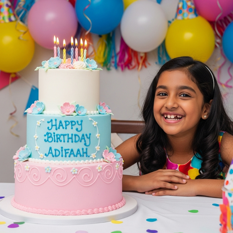 11-Year-Old South Asian Girl with Three-Tier Birthday Cake 11-Year-Old South Asian Girl with Three-Tier Birthday Cake