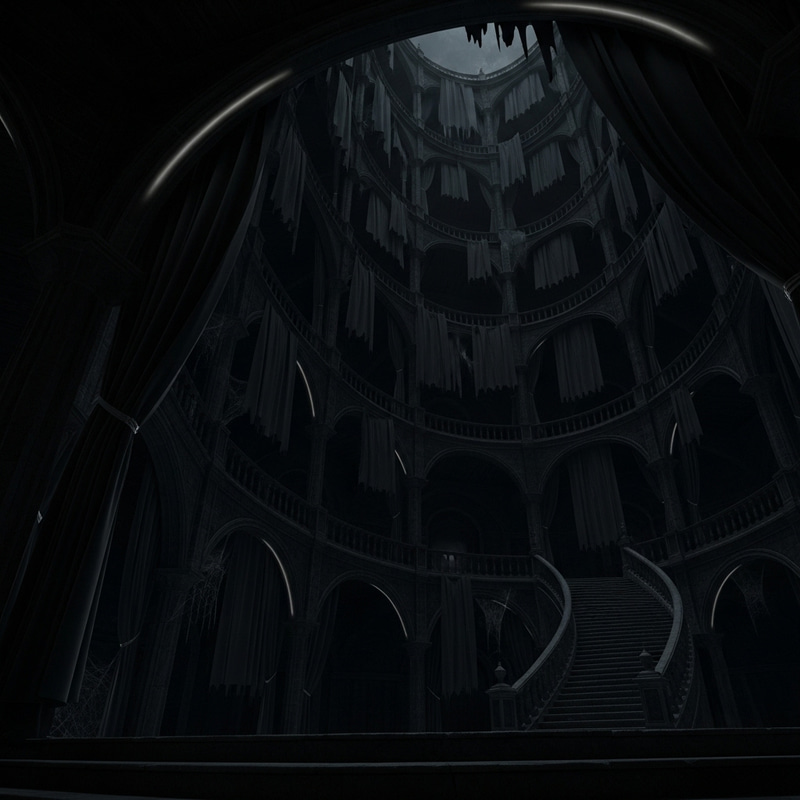 Eerie Black Castle Interior: Dark Staircases, Balconies, and Curtains Eerie Black Castle Interior: Dark Staircases, Balconies, and Curtains