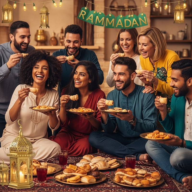 Diverse Friends Celebrating Ramadan with Joyful Festivity Diverse Friends Celebrating Ramadan with Joyful Festivity