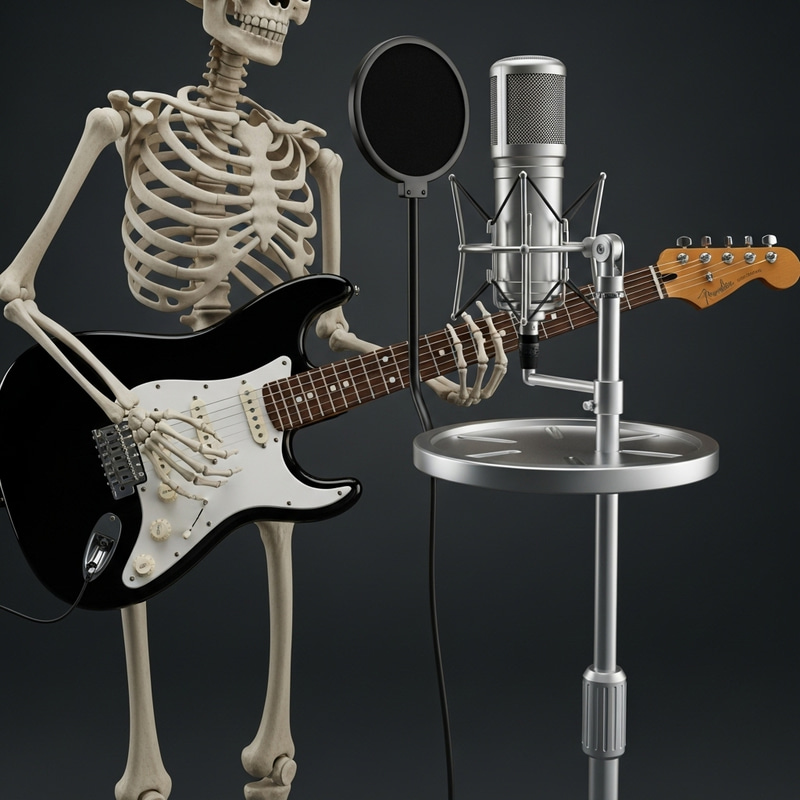 Skeleton Musician: Midnight Serenade with Black Stratocaster Skeleton Musician: Midnight Serenade with Black Stratocaster