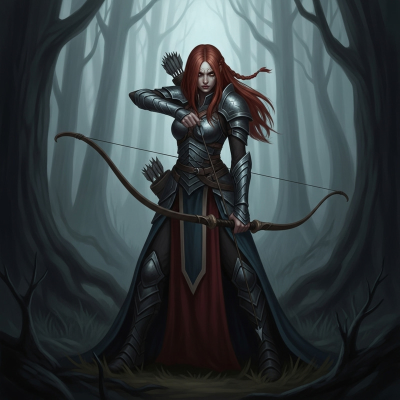 Dark Fantasy Celadrin Warrior with Bow in Gloomy Forest