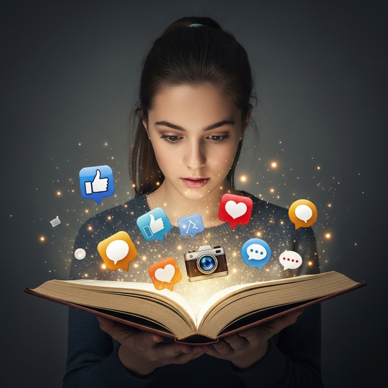 Girl Holding Open Book with Social Media Magic Girl Holding Open Book with Social Media Magic