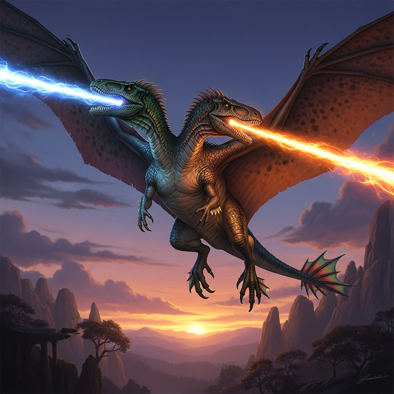 Winged Two-Headed Dinosaur Emitting Light Beams