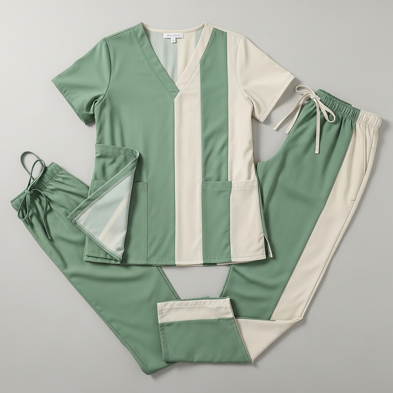 Reversible Sage Green and Cream Scrub Suit with Pockets
