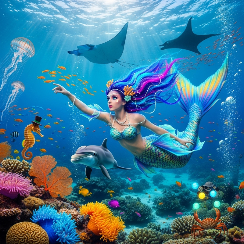 Enchanting Mermaid in Vibrant Underwater Fantasy Scene Enchanting Mermaid in Vibrant Underwater Fantasy Scene