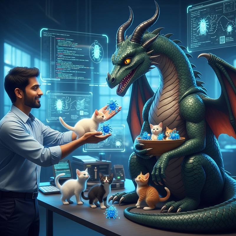 Programmer Feeding Dragon with Kittens and Glitches Programmer Feeding Dragon with Kittens and Glitches