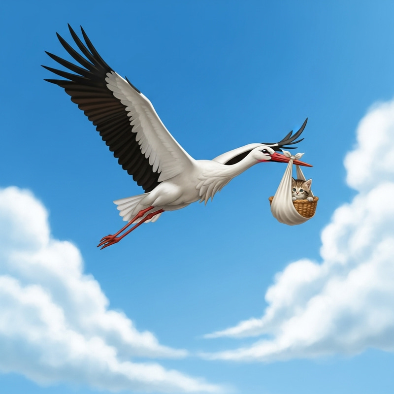 Majestic Stork Carrying Kitten in Basket Through Sky