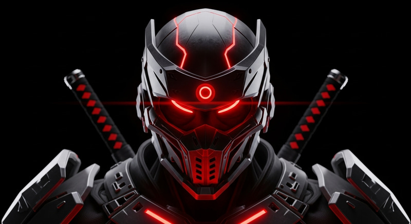 Futuristic Cyber Ninja in Red Armor with Glowing Elements Futuristic Cyber Ninja in Red Armor with Glowing Elements