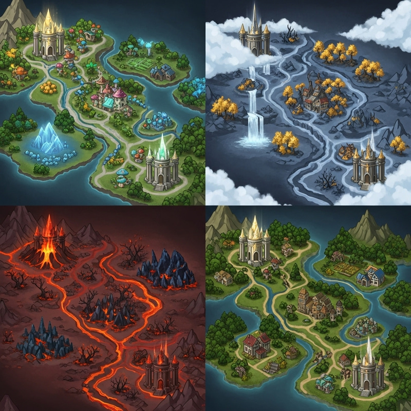 2D Hollow Night Map with Four Realms: Fairies, Demons, Deities & Humans