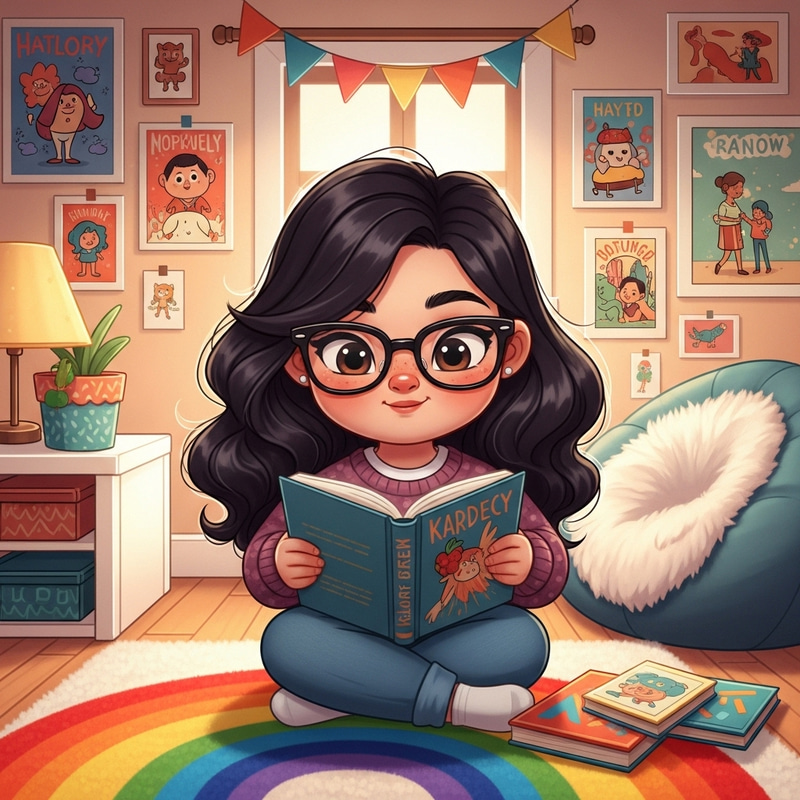 Charming Dark-Haired Girl with Glasses in Cozy Room