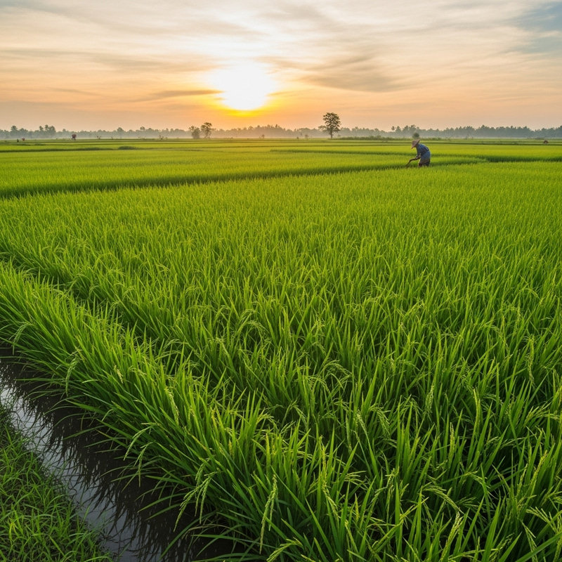 Lush Green Rice Fields: A Serene Morning View