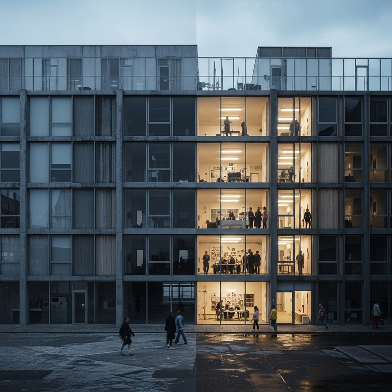 Contrast of Abandonment and Activity: Contemporary Building View Contrast of Abandonment and Activity: Contemporary Building View