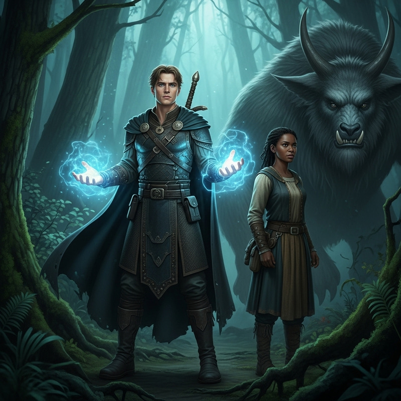 Magical Woodland Encounter: Supernatural Man and Ordinary Woman Facing Colossal Beast Magical Woodland Encounter: Supernatural Man and Ordinary Woman Facing Colossal Beast