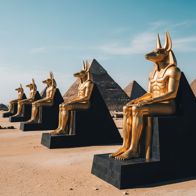 Majestic Black Pyramids & Golden Anubis in Egyptian Desert Majestic Black Pyramids & Golden Anubis in Egyptian Desert