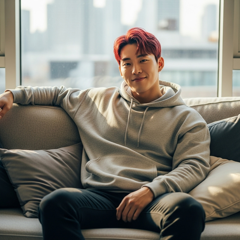 Young Asian Man with Vibrant Red Hair Relaxing on Comfortable Sofa