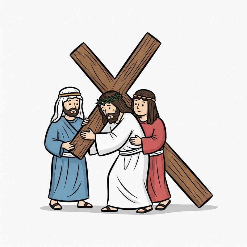 Compassionate Cartoon of Jesus Carrying Cross with Helper