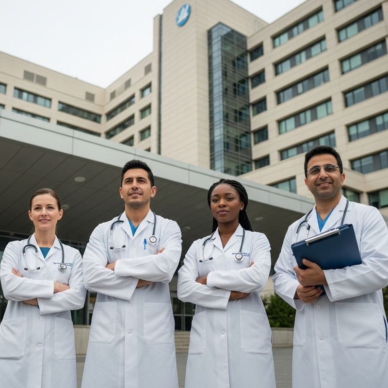 Professional Medical Team in Front of Modern Hospital Building Professional Medical Team in Front of Modern Hospital Building