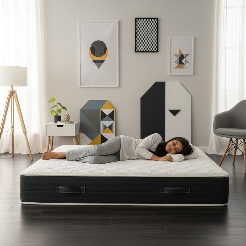 Modern Interior Mattress: Serene Girl Enjoying Comfortable Rest Modern Interior Mattress: Serene Girl Enjoying Comfortable Rest
