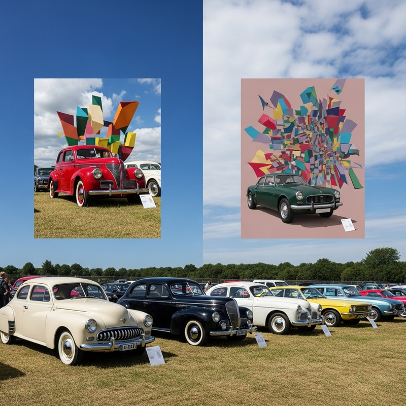 Vintage Cars in Surrealistic Field Display Vintage Cars in Surrealistic Field Display